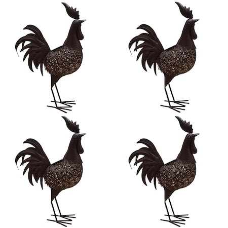 Pisos 24 in. Steel Garden Rooster Metal Bird Sculpture Statue w/Solar Light & Ground Stake, Bronze, 4PK PI3669307
